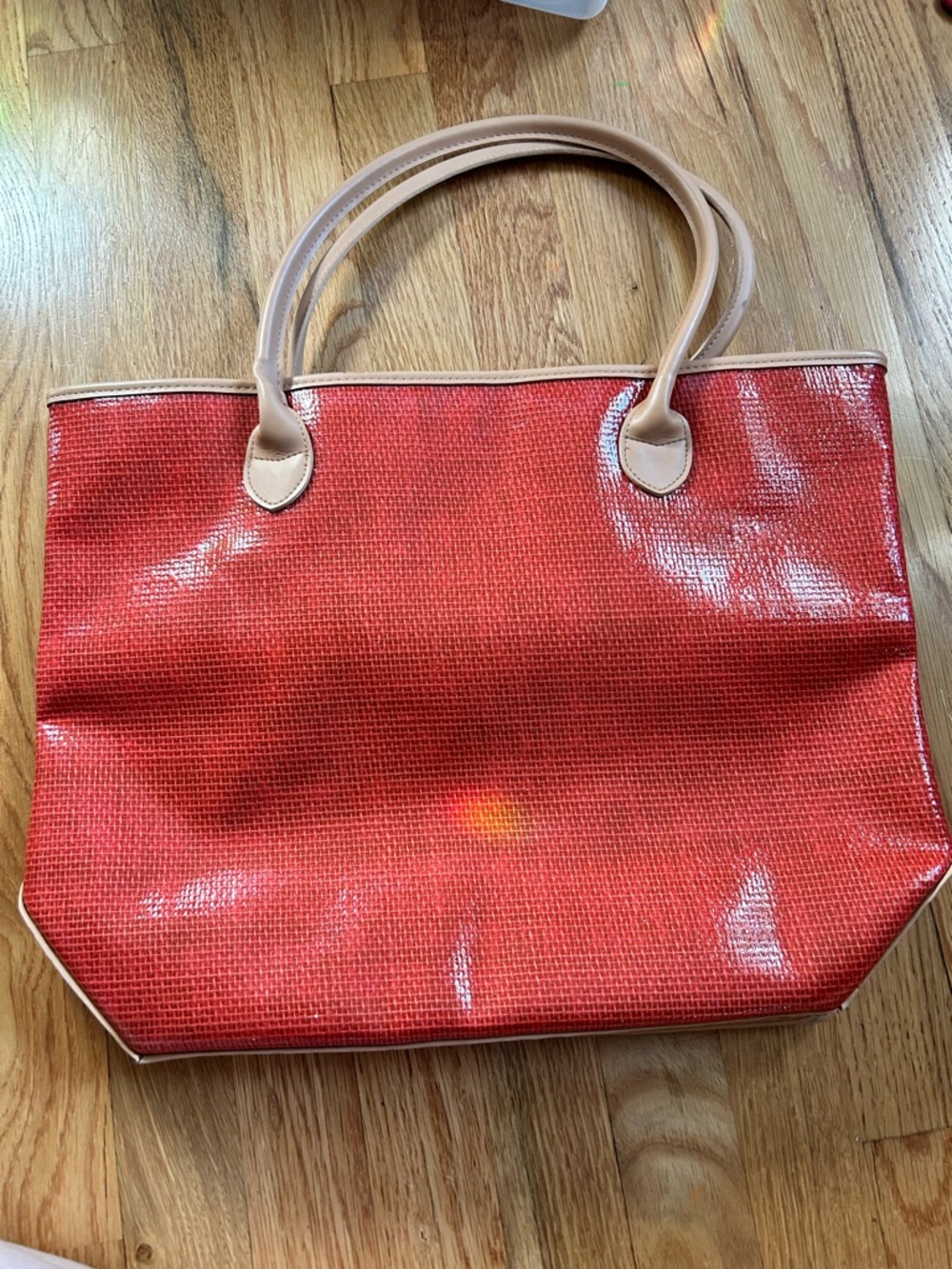 Red Tote Bag with Tan Handles - Women's Everyday Shoulder Bag